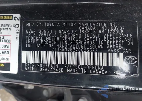 2007 Toyota Corolla Ce z USA, uszkodzony, nr VIN 2T1BR32E27C825577